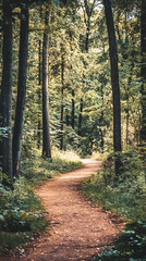 Fototapeta premium A path winds through a quiet forest, surrounded by lush green trees and soft sunlight, inviting tranquility and reflection