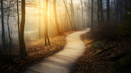 A path through a quiet forest symbolizes the journey of life, with soft morning light filtering through the trees and illuminating the peaceful surroundings