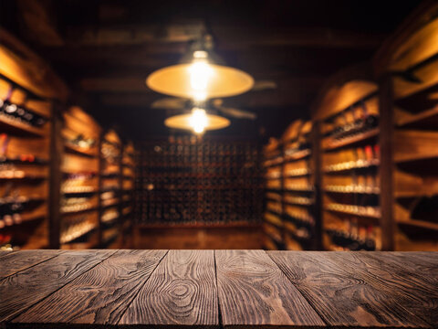 wooden table wine cellar in the background Winery and beverage concept. photo rustic lighting