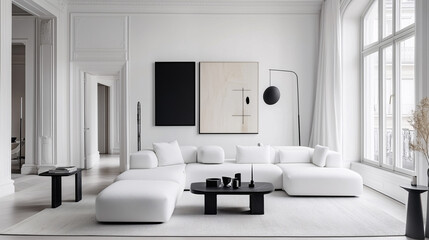 An all-white monochrome living room with minimalist furniture, marble surfaces, and black art frames. The space feels sleek and sophisticated, with clean lines and high-fashion appeal