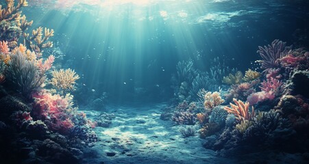 Colorful coral reef teeming with marine life illuminated by sunlight underwater