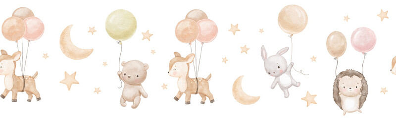Seamless watercolor border with cute baby bunny, bear and deer. Funny animals are flying with balloons in sky with moon and stars. Hand drawn illustrations set