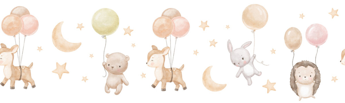 Fototapeta Seamless watercolor border with cute baby bunny, bear and deer. Funny animals are flying with balloons in sky with moon and stars. Hand drawn illustrations set