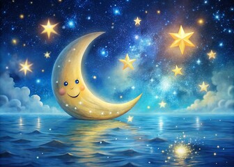 Naklejka premium A whimsical moonlit scene featuring a smiling cartoon crescent moon surrounded by twinkling stars, waving goodbye with