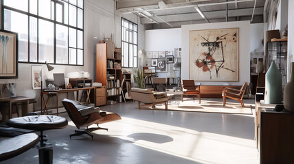 An artist loft filled with natural light, showcasing a mix of modern and vintage furniture, industrial-style lighting, and a large sculptural art piece as the focal point of the room