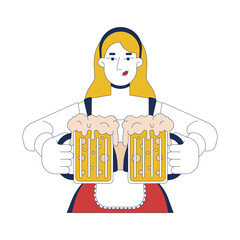 European woman holding frothy craft beer mugs 2D cartoon character. Oktoberfest holiday caucasian waitress in dirndl isolated person flat vector on white background. Spot illustration colorful