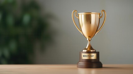 Fototapeta premium A gold trophy on a sleek wooden desk with light shining from behind, symbolizing leadership recognition Boss s Day, recognition