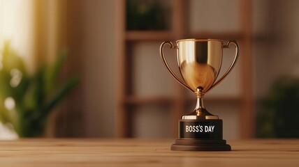 A gold trophy on a sleek wooden desk with light shining from behind, symbolizing leadership recognition Boss s Day, recognition