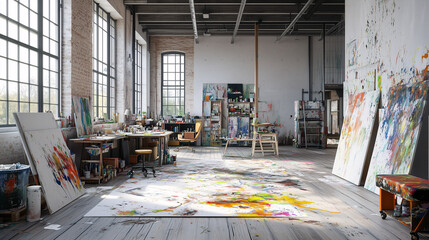 An artist loft with a creative, messy workspace featuring splattered paint on the floor, large canvases, and mid-century modern furniture, blending an artistic and stylish aesthetic