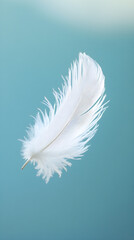 A soft white feather floating gracefully in the air symbolizes purity and lightness against a serene blue background