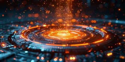 Glowing futuristic interface with digital particles and circular patterns, technology, data, and innovation