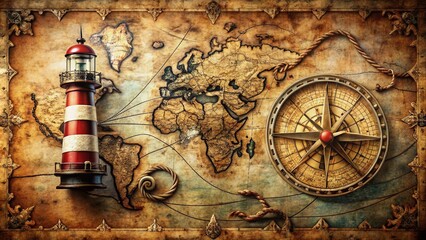 Fototapeta premium Vintage distressed map with worn-out compass, lighthouse icon, and intricate sea knot adorning the surface, evoking a sense of weathered nautical adventure and timeless exploration.
