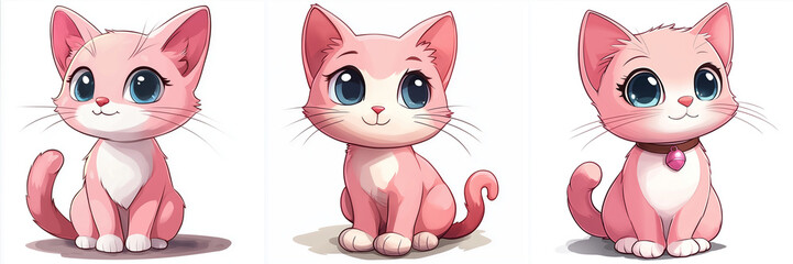 Obraz premium Three cat kitten kitty pink set, cute kawaii cartoon, white background