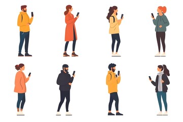 Obraz premium Collection of Stylized Characters Engaged in Smartphone Communication and Conversation