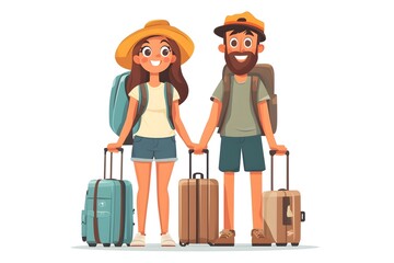 Young Couple Tourists Traveling with Backpacks and Suitcases on Summer Vacation Journey