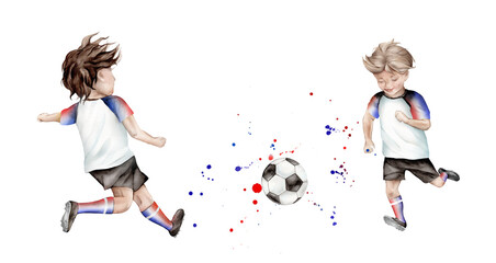 Football player young sportsman hand drawn with watercolor ball and red black blue watercolor shapes spray. Boy play football in uniform. Isolated hand drawing illustration of a soccer game.