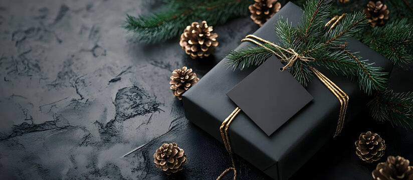 Top view of a festive black gift with Christmas decorations like fir branches and pine cones on a square gift tag A winter themed mockup with a blank label for a copy space image is included