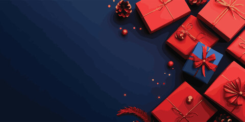 Vibrant arrangement of beautifully wrapped red and blue gifts, complemented by decorative elements like pinecones and ornaments, set against dark background, perfect for holiday celebrations