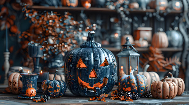 Abstract Halloween Collage with Jack-o'-Lantern and Mixed Media Art