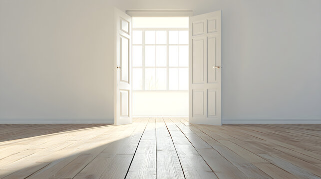 An open door leads to a bright room, symbolizing new beginnings and opportunities with sunlight streaming through the window