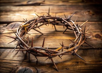 A worn, weathered crown of twisted thorns lies on a rustic wooden table, evoking a sense of sacrifice,