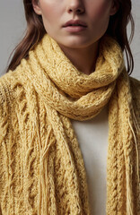 A vibrantly yellow hand-knitted sweater and scarf with intricate texture and a delicate fringe adorning its edges, gently draped across a pristine white background