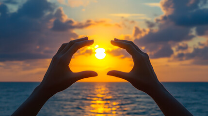 Hands frame the horizon with a rising sun, creating a beautiful silhouette against the vibrant sky and reflecting on the calm ocean waters