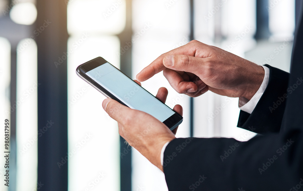 Poster phone screen, pointing and hands of business person in office for online networking, website and int