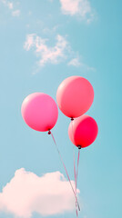 Minimalistic balloons float gently into a clear blue sky, creating a serene and uplifting atmosphere with soft clouds in the background