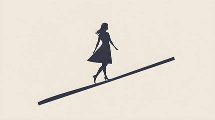 A minimalistic design features a woman elegantly walking on a beam, showcasing balance and poise against a neutral background