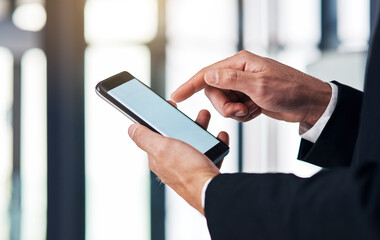 Phone screen, pointing and hands of business person in office for online networking, website and internet. Professional, corporate and worker on smartphone for mockup space, communication or research