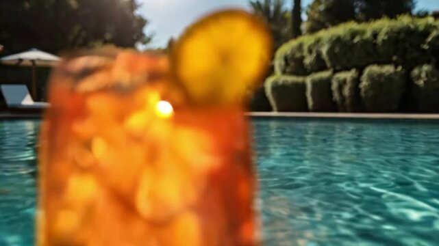 Glass of aperol spritz cocktail on pool background
