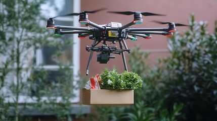 Illustrate a drone dropping off a package of fresh groceries at a doorstep from a worms-eye view, emphasizing the role of technology in food delivery