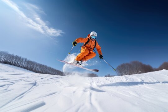 Orange jacket ski is jumping with skiboarding snow recreation outdoors.