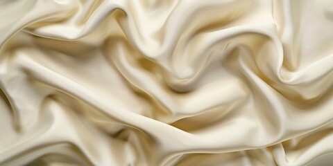 Fototapeta premium Close-up of smooth cream-colored satin fabric with soft folds. Textured fabric background for textile and design.