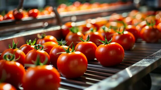 Fresh ripe tomatoes on conveyor belt in food processing facility, close-up of sorting and quality control in modern agricultural industry, vibrant red produce ready for packaging