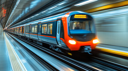 Naklejka premium A dynamic view of a speeding train in a modern underground station, showcasing urban transit and travel efficiency.