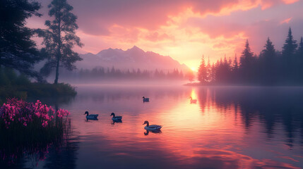 Fototapeta premium Peaceful Sunrise with Ducks on a Misty Lake - Illustration