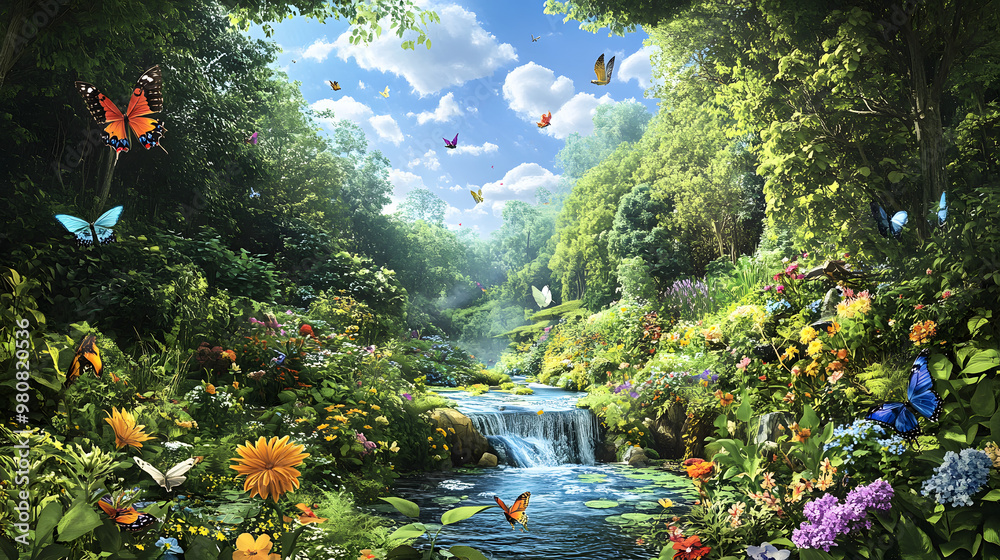 Canvas Prints  featuringa vibrant forest with a streamm flowing through it, surrounded by lush greenery