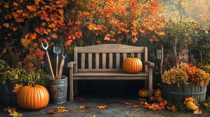 Create an image of a wooden garden bench with autumn gardening tools and a pumpkin, set against a picturesque forest background with fall foliage.