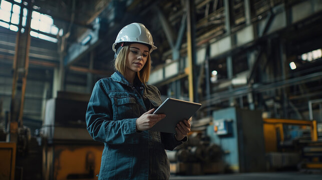 A female engineer worker in a hard hat and work clothes holding a tablet, facing the camera, modern warehouse factory background.