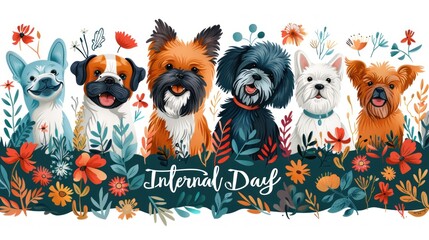 Fototapeta premium Festive gathering of colorful cartoon dogs among bright flowers celebrates a joyful internal day occasion. Generative AI