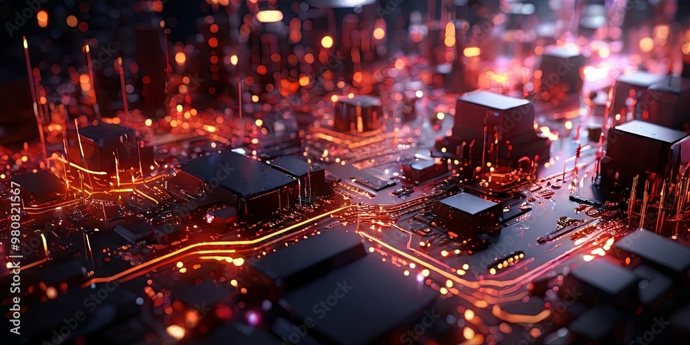 Poster a computer chip with a lot of orange lights on it