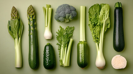 Knolling of spring vegetables: isolated light green backdrop. 