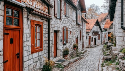 Fototapeta premium Charming European Lane Narrow Cobblestone Street with Quaint Stone Houses and Vibrant Shutters