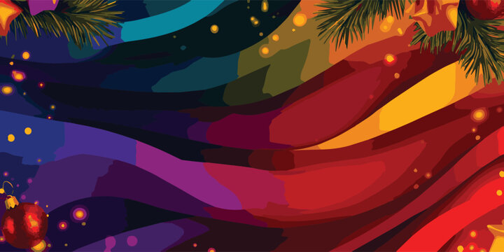 Colorful abstract background featuring swirling waves of vibrant hues, adorned with festive ornaments and pine branches, perfect for holiday-themed projects and celebrations