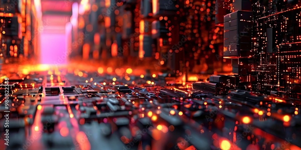 Poster a computer generated image of a city with a neon orange glow