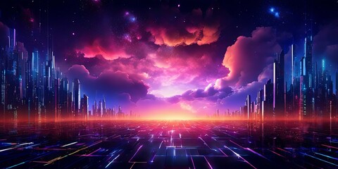 Obraz premium A cityscape with a purple sky and a bright orange sun