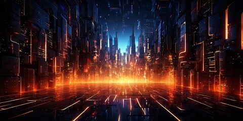 Fototapeta premium A cityscape with a bright orange glow in the background