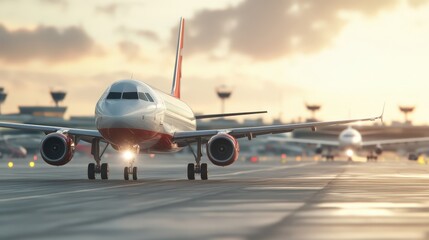 Naklejka premium Airplanes Ready for Takeoff: A Breathtaking View of a Busy Airport Runway at Sunset